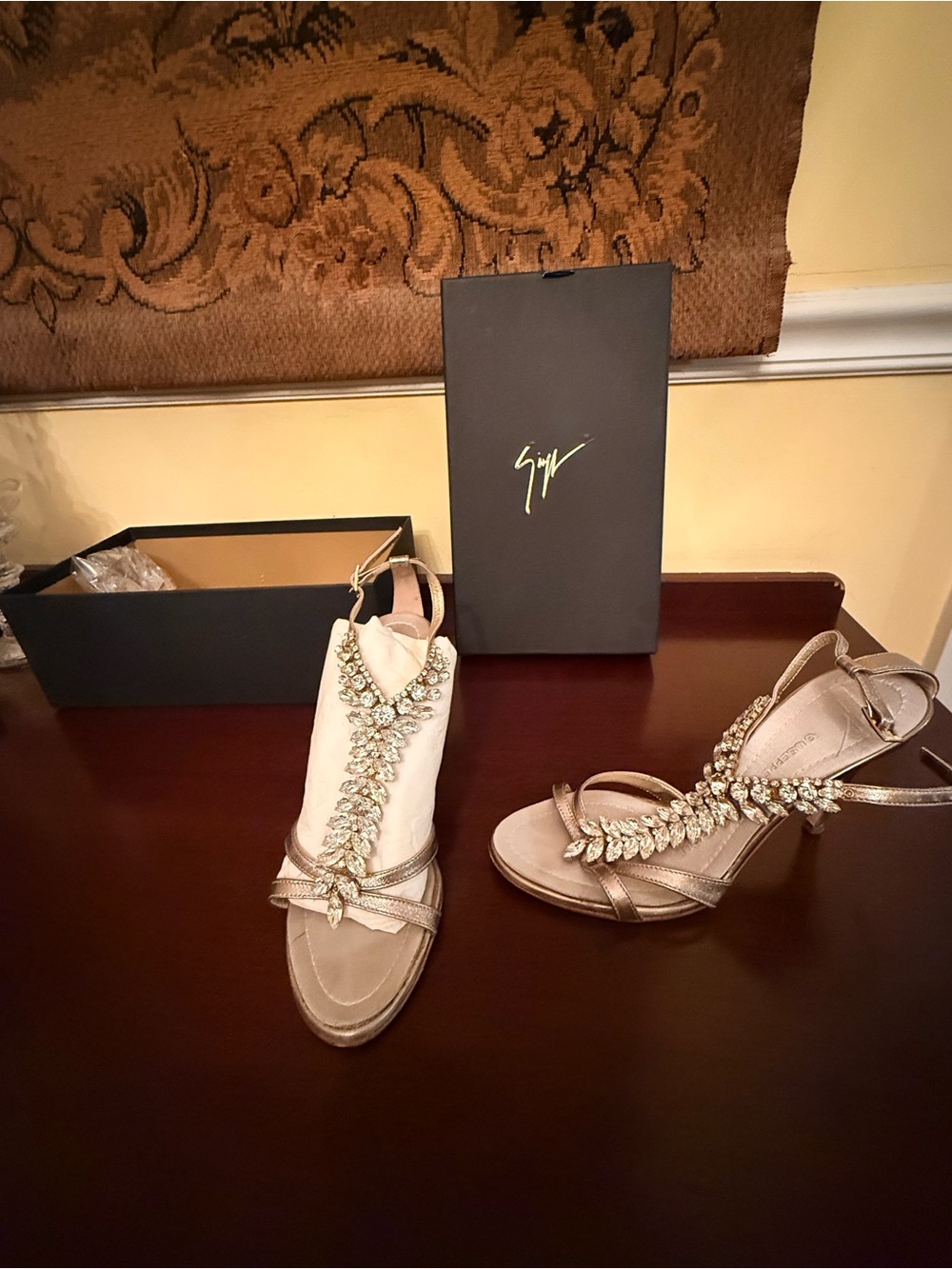 Giuseppe Zanotti Ivory Sandals with Gold Crystal Embellishment